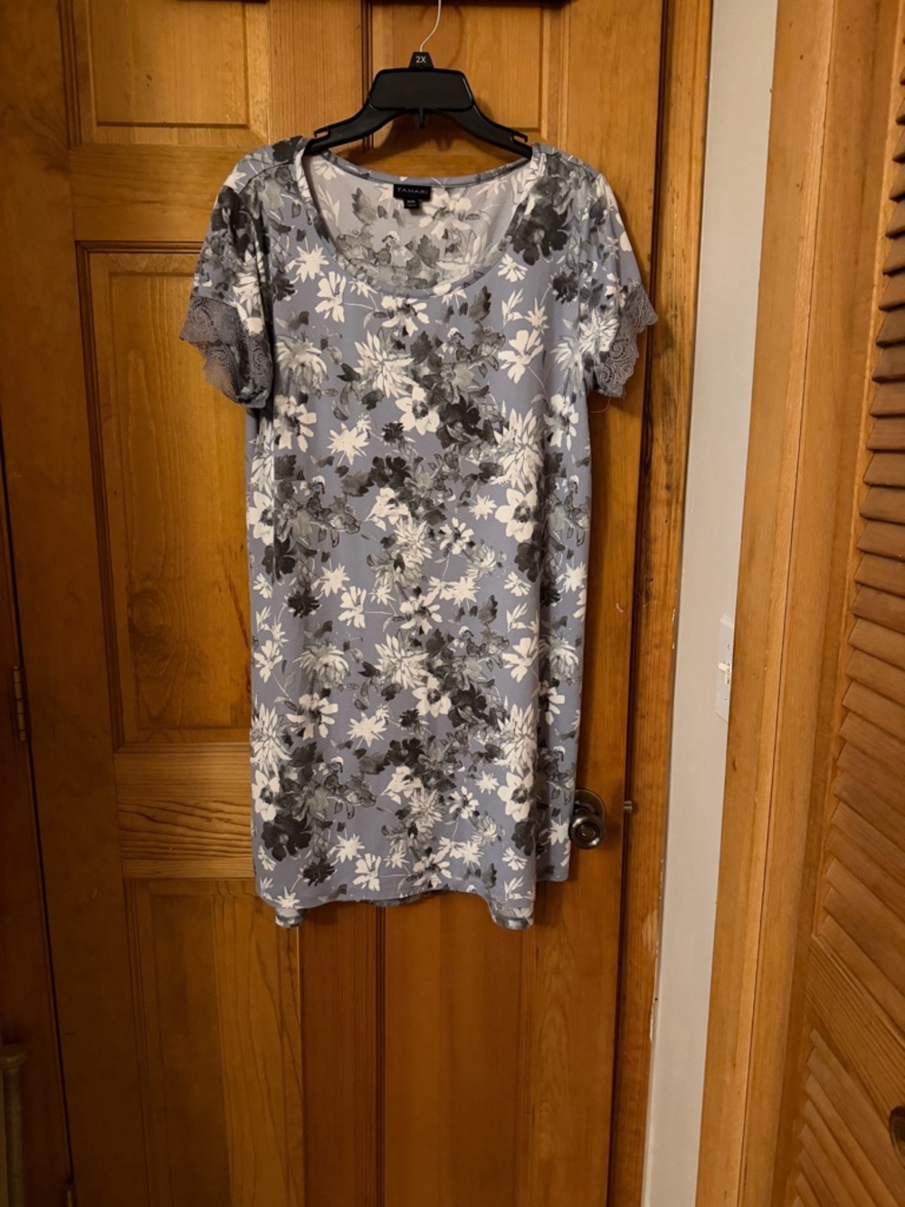 Tahari Blue Floral Midi Dress with Gray and White Accents